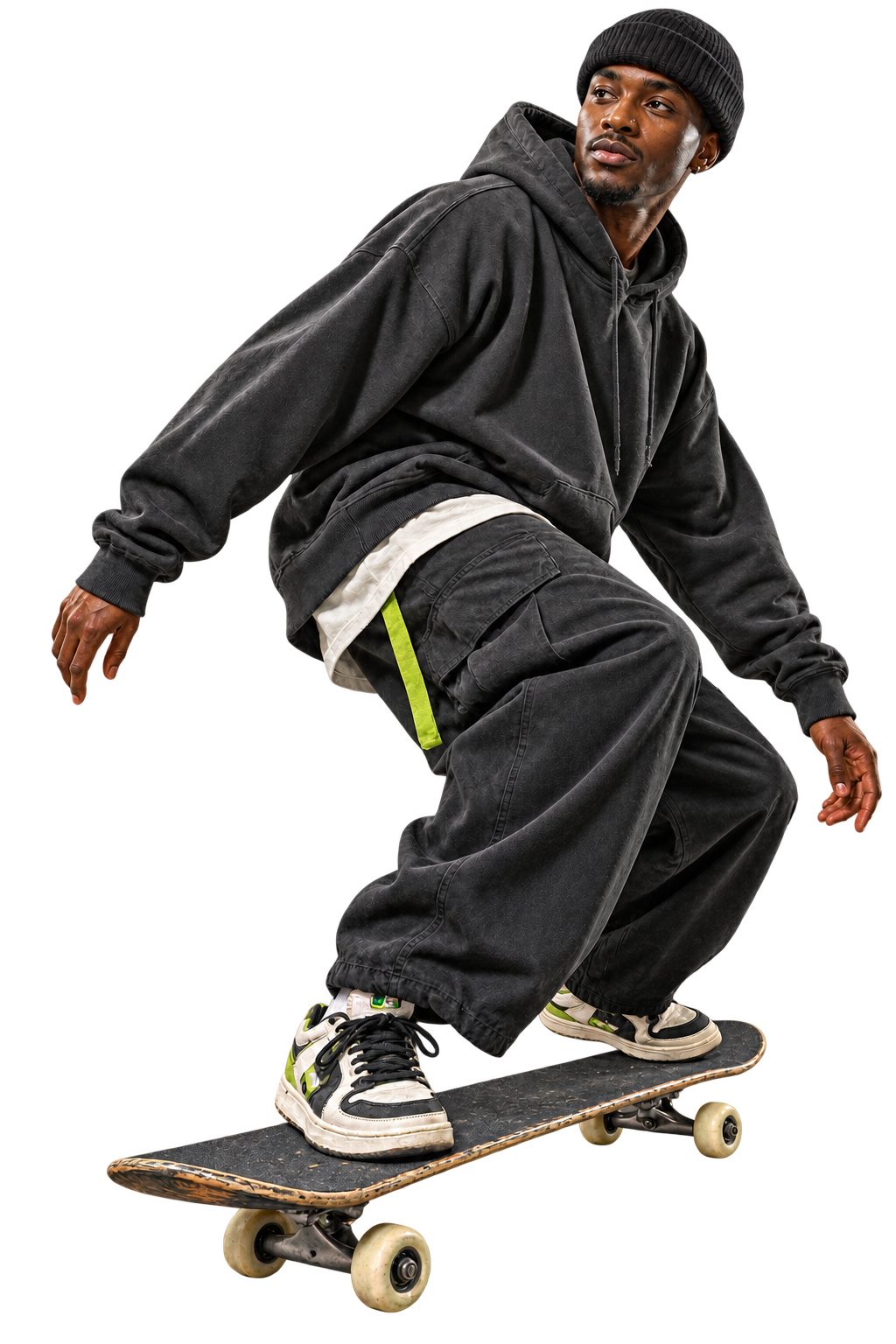 Adult skater on a board in charcoal streetwear